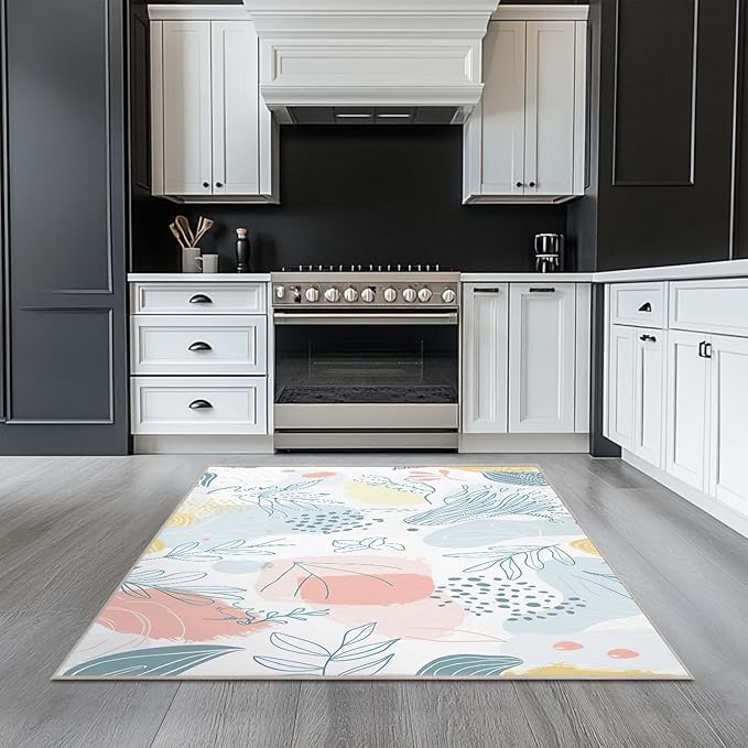 4x6 Rug Boho Minimalist Botanical Leaf Area Rug Bedroom Soft Thin Low Pile Large Carpet Living Room Non Slip Office Dining Room Stain Resistant Washable Machine