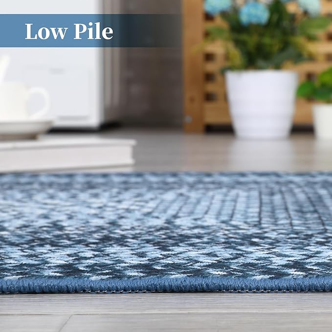 Washable Runner Rug 2x8 Bathroom Rugs Blue Modern Printed Braided Bedroom Rug Non Slip Geometric Area Rug Kitchen Rugs Stain Resistant Carpet for Laundry Room 2'x8' Blue