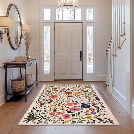 4x6 Rug Boho Floral Area Rug Bedroom Ultra-Thin Soft Low Pile Large Carpet Living Room Non Slip Dining Room Office Stain Resistant Washable Machine
