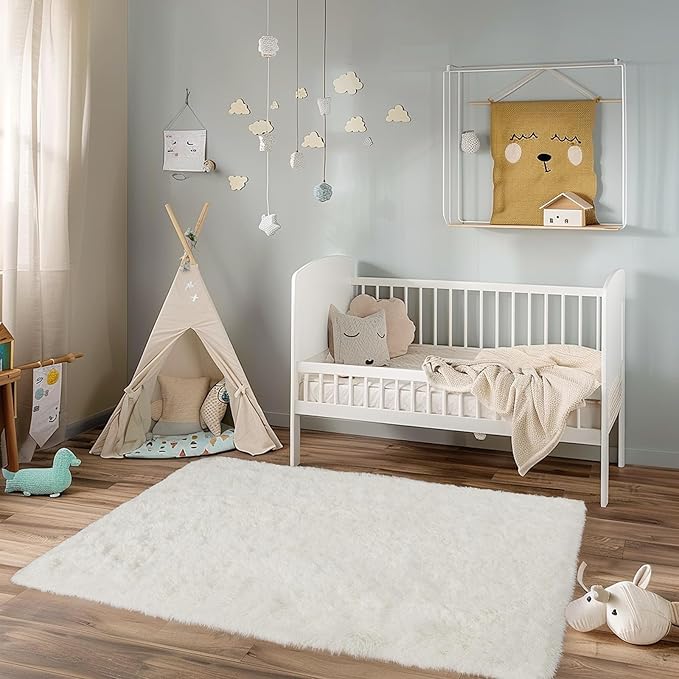 3x5 Rugs for Bedroom, Large Fluffy Cream White Area Rugs for Living Room, Soft Shag Kids Rug Small Carpet with 4 Non-Slip Rug Pads (3ft x 5ft, Cream White)