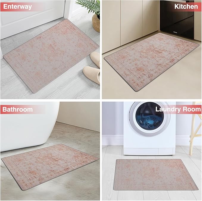 2x3 Small Washable Non-Slip Vintage Chenille Area Rug,Low Pile Distressed Floral Carpet for Entryway Kitchen, Boho Farmhouse Stain Resistant Indoor Rug