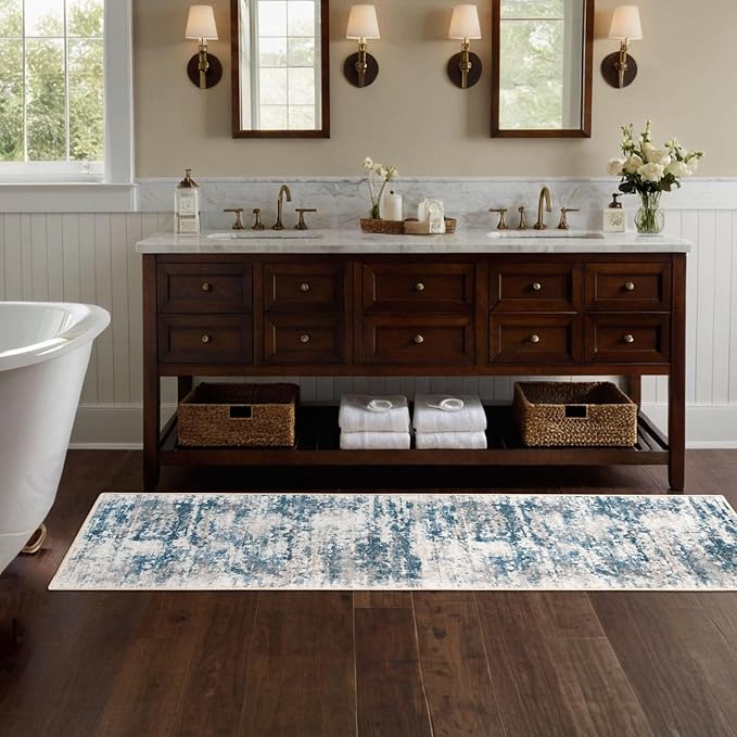 Abstract Washable Runner Rug, 2.6x8 Hallway Runner Rugs, No Pile Tear and Stain Resistance, Non-Slip, Hand Woven Style Kitchen Thin Rug for High Traffic Hallway Entrance Laundry - Blue