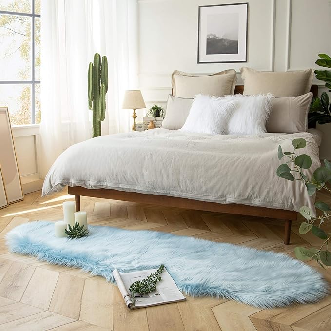 Ashler Faux Fur, Fluffy Shaggy Area Rug Ultra Soft 2 x 6 Feet Sheepskin Fur Rug, Light Blue Fuzzy Rug Machine Washable Shag Rug, Nursery Decor Throw Rugs for Bedroom, Kids Room, Living Room