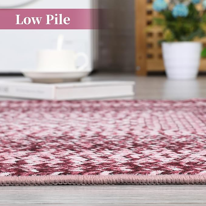 Washable Area Rug 10x13 Rug for Living Room Modern Rugs for Bedroom Pink Print Braided Large Rug Non Slip Throw Rugs Stain Resistant Carpet for Nursery Dining Room 10'x13' Pink