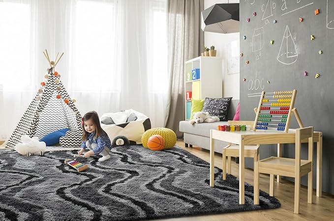 TWINNIS Super Soft Shaggy Rugs Fluffy Carpets, 5x8 Feet, Indoor Modern Plush Area Rugs for Living Room Bedroom Kids Room Nursery Home Decor, Upgrade Anti-Skid Rectangular Fuzzy Rug, Dark Grey Black