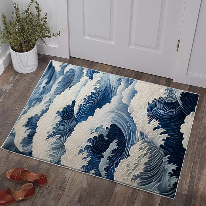 Bathroom Mat Ocean Wave Japanese Rugs Oriental Modern Machine Washable Soft Plush Rug Carpet Non Slip Nautical Navy Blue Area Rug for Entryway Kitchen Living Room Bedroom Dining Room Home 20x31.5 Inch
