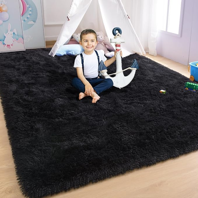 YJ.GWL Area Rugs for Living Room Bedroom, 5x8 Machine Washable Large Black Carpet, Soft Fluffy Shaggy Thick Big Shag Indoor Floor Rug for Kids Boy and Girls Room Dorm Home Decor Aesthetic