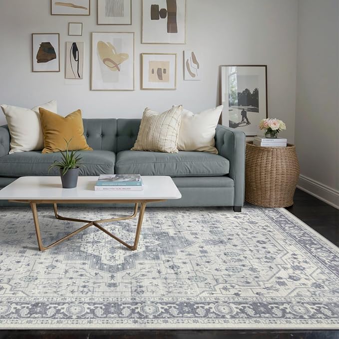 5X7 Washable Area Rug for Living Room, Vintage Large Boho Rugs for Office, Dining Room, Kids Room, Farmhouse, Durable Low Pile Non Slip Carpet for High Traffic Areas, Blue Quartz