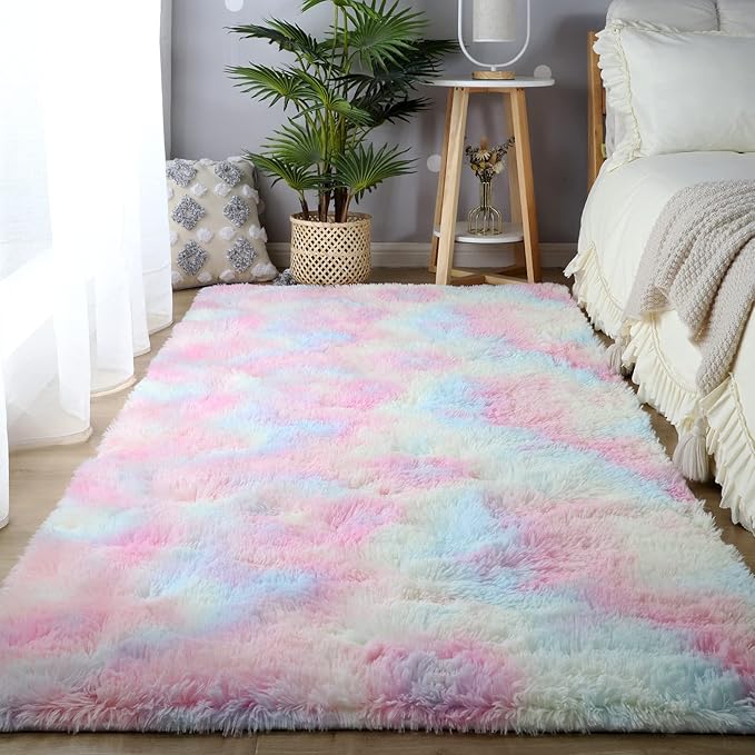 Rugs for Girls Bedroom Living Room: 5x7 Shag Fuzzy Area Rug for Kids Playroom,Pastel Plush Shaggy Carpet for Nursery Baby Toddler Dorm Room
