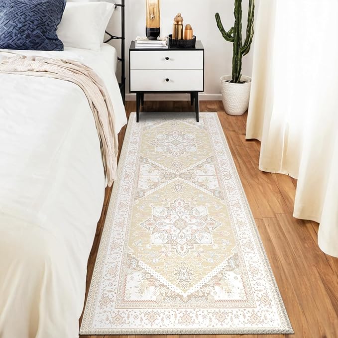 BESTSWEETIE 2x6 Area Rugs for Living Room Washable Non Slip Carpet Low Pile Soft Vintage Print Pattern Rug for Bedroom Dining Room Kitchen Entryway Indoor-Cream/Light Yellow/Brown/Blue/Red/Pink