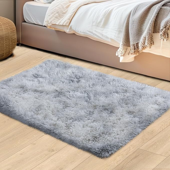 2x3 Rugs for Bedroom, Fluffy Area Rugs for Living Room, Soft Shag Kids Rug Small Carpet with 4 Non-Slip Rug Pads (Grey Tie-Dyed, 2ft x 3ft)