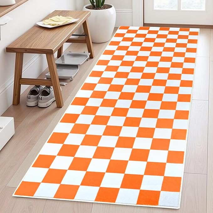 Terrug Orange and White Checkered Runner Rug for Bedroom, 2x6 Soft Washable Rug with Non Slip, Low Pile Stain Resistance Carpet for Entryway Hallway Kitchen Laundry Living Room