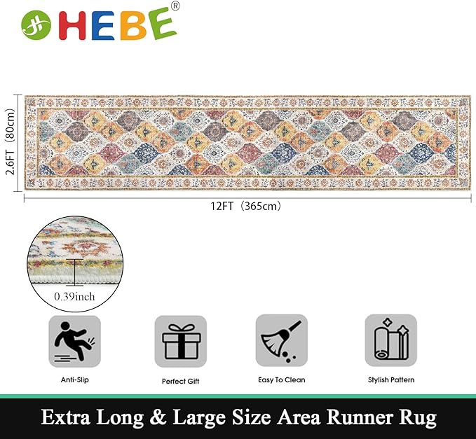HEBE Hallway Runner Rug 2'8''x12' Washable Vintage Distressed Area Rugs Non Slip Laundry Rug Runner Boho Floor Carpet Runners for Hallways Entryway Laundry Room Kitchen Bathroom