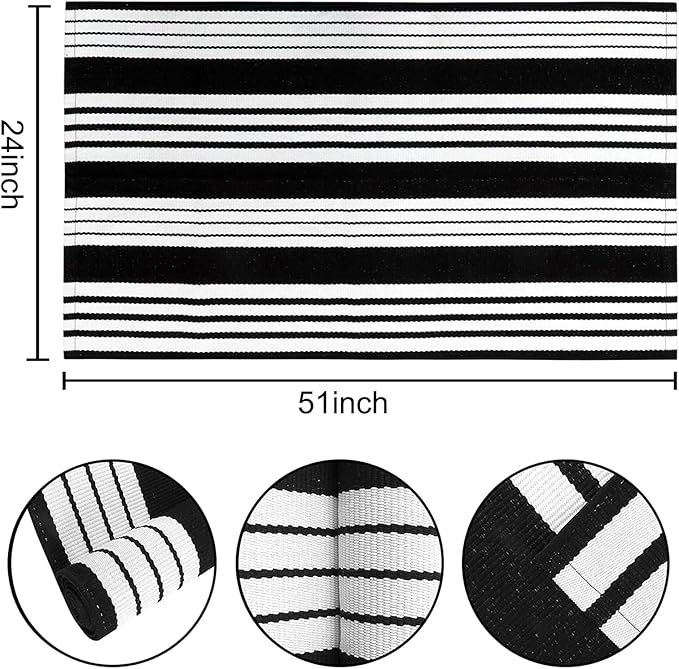 Striped Outdoor Rug 24'' x 51''Black and White Front Porch Mat, Machine Washable Hand-Woven Indoor Layered Doormats for Entryway Bedroom