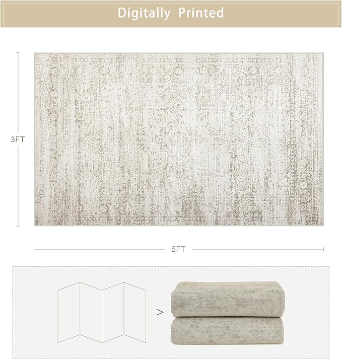 Washable Rugs 3x5 Area Rugs for Living Room,Bedroom- Non Slip Vintage Entryway Rug for Indoor Entry,Kitchen,Bathroom,Kids Girls Room,Home,Office,Ultra Soft Faux Wool Laundry Room Small Carpets