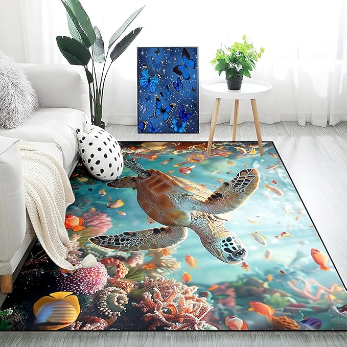 Sea Turtle Rugs - Sea Turtle for Kids Boys Coastal Rug for Bedroom Ocean Life Theme Decor Ocean Carpet Rug, 80 x 58 Inches