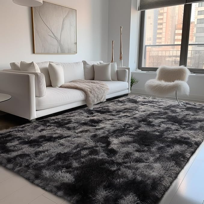 Zentavio Black and Grey Area Rugs for Living Room Large Men Room Carpet 6x9 Bedroom Fluffy Furry Shag Aesthetic Plush High Pile Floor Rug for Kids Room Dorm Home Decor Gray