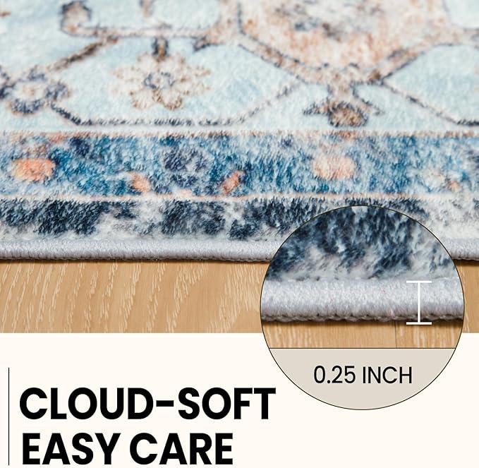Washable 8ft Area Rugs, Rugs for Living Room, Low-Pile Water&Stain Resistant Carpet Vintage Distressed Printed Non-Slip Carpet for Bedroom Bathroom Kitchen-Sky Blue