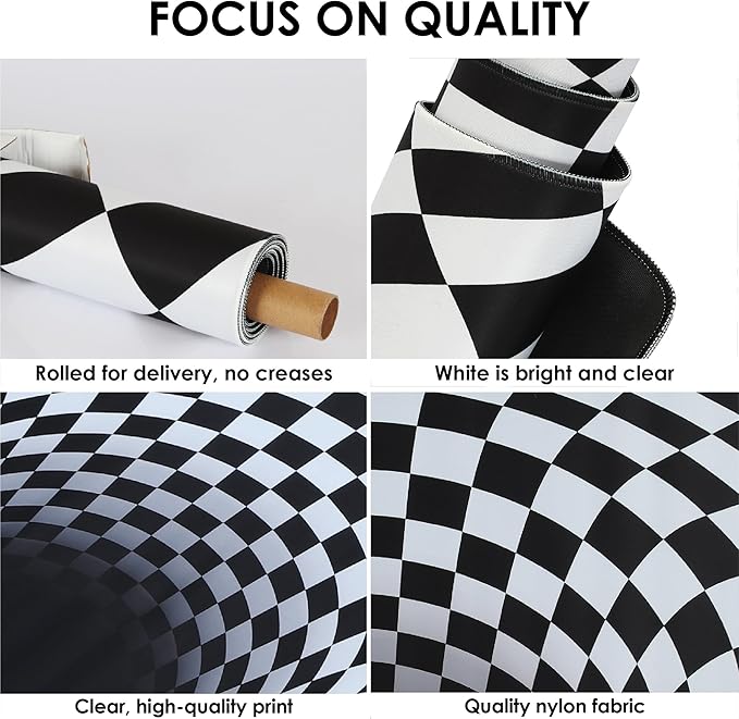3D Optical Illusion Rug - Vortex Illusion Floor Mat for Door Entrance, Bathroom, Stairs, playroom, Living Room, or Area (Black and White, 42 x 28 Inch)