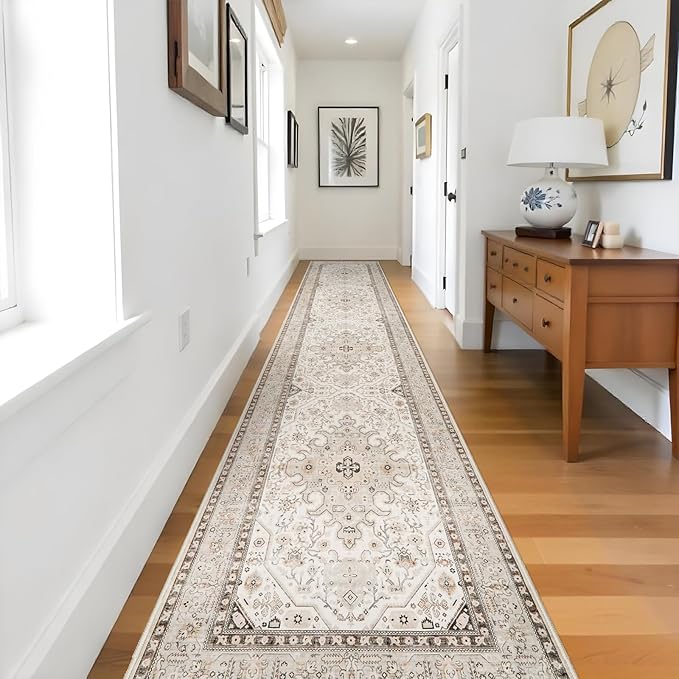 Runner Rug 3x14 - Non Slip Runners for Hallway Washable Oreiental Neutral Entryway Rugs with Rubber Backing Long Indoor Farmhouse Floor Mat Kitchen Soft Low Pile Stain Resitant Thin Carpet 3x14 Ivory
