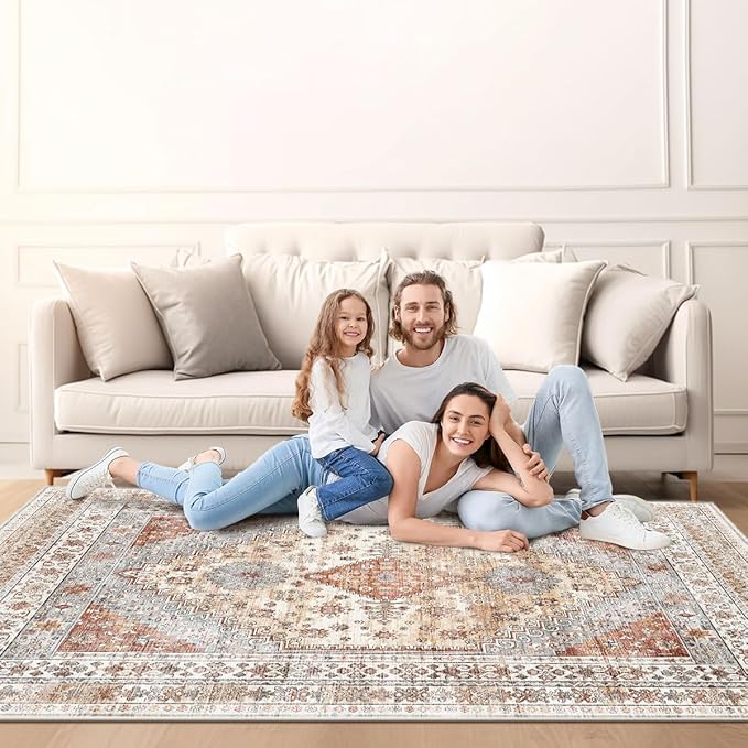 Rug for Living Room-Washable Area Rugs 5'x7' for Bedroom, Ultra-Soft Non-Shedding Faux Wool Vintage Design Boho Low Pile Mat Throw Carpet,Stain Resistant Rugs with Non-Slip Backing（Light Color）