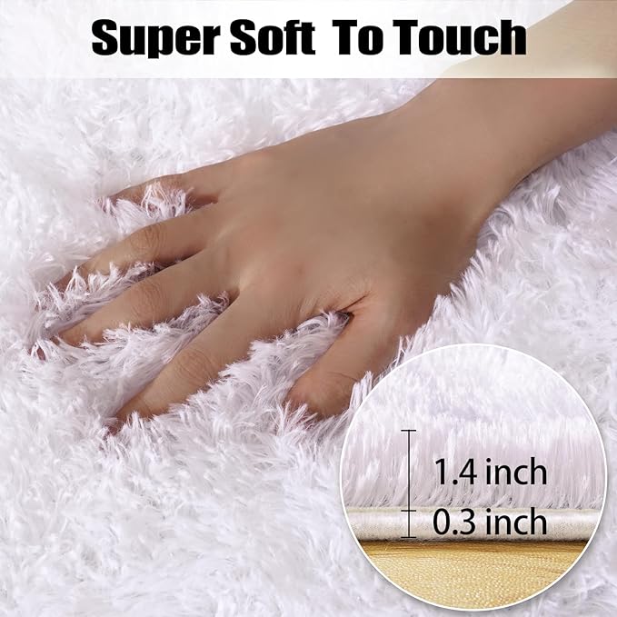White Rug for Bedroom, 2x3 Fluffy Area Rugs for Living Room, Small Soft Shag Fuzzy Shaggy Carpets for Kids Boys and Girls Dorm with 4 Non-Slip Rug Tapes Room Home Decor (2ft x 3ft, White)