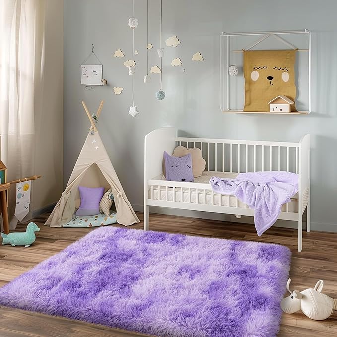3x5 Rugs for Bedroom, Fluffy Area Rugs for Living Room, Soft Shag Kids Rug Small Carpet with 4 Non-Slip Rug Pads (Purple TieDyed, 3ft x 5ft)