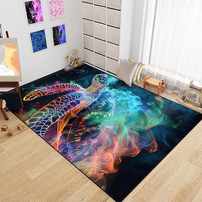 Sea Turtle Rugs - Seafloor Turtle Area Rugs for Kids 4'×5' Ocean Life Turtles Carpet Rugs for Bedroom Living Room Kids Room Decor Indoor Outdoor