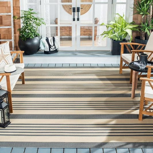 Safavieh Courtyard Collection CY6062 Stripe Indoor/ Outdoor Non-Shedding Stain Resistant Patio Backyard Area Rug, 9' x 12', Grey / Bone