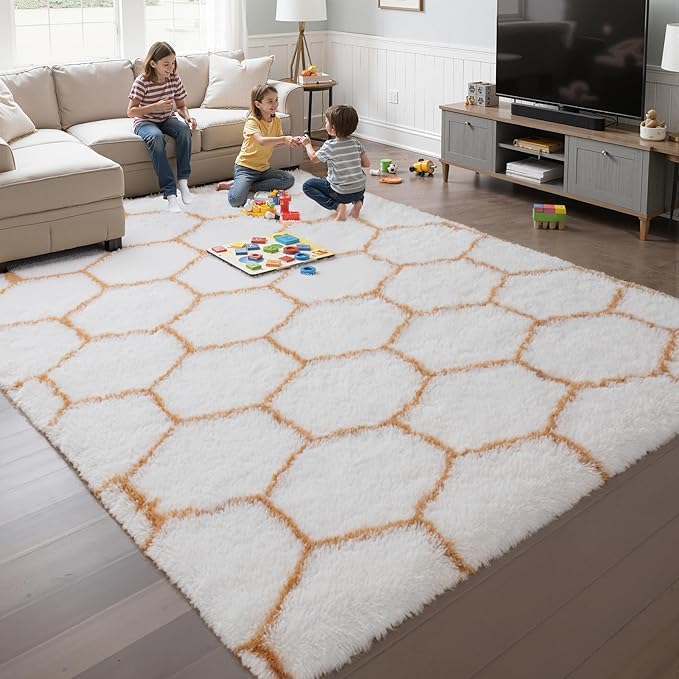Zentavio Area Rugs for Living Room Large Rugs for Bedroom 6x9 Carpet Fluffy Fuzzy Soft Shag Aesthetic Plush High Pile Throw Rug for Nursery Kids Room Dorm Honeycomb Khaki