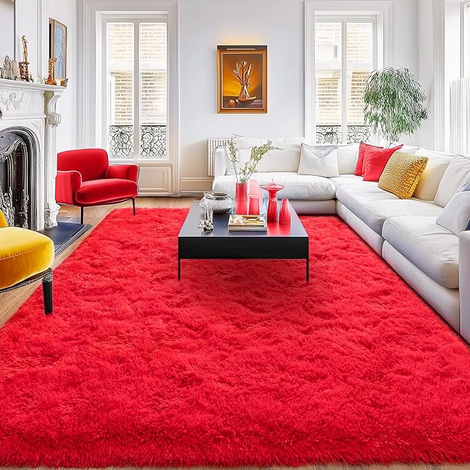 Red Area Rugs 4x6 for Bedroom Living Room, Non-Slip Fluffy Shag Floor Carpet, Shaggy Soft Plush High Pile Modern Indoor Rug for Girls Kids Baby Nursery Room Decor