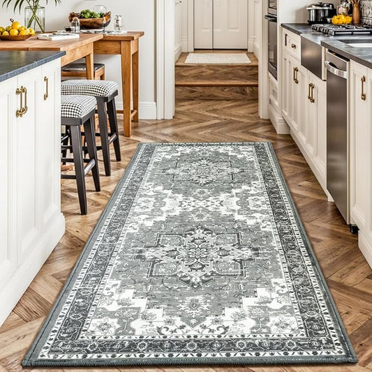 2x6 Runner Rug, Non-Slip Washable for Kitchen Hallway, Soft Low-Pile Area Rugs, Vintage Traditional Floral Aesthetic Carpet, Stain-Resistant Durable, Non Shedding Bedroom Bathroom Decor, Ash Grey