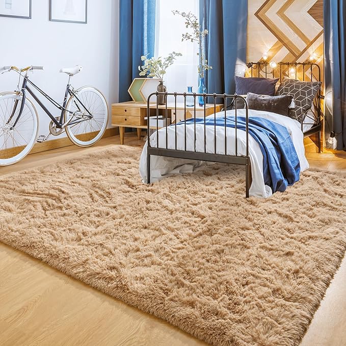 YJ.GWL Area Rugs for Living Room Bedroom, 8x10 Machine Washable Large Beige Carpet, Soft Fluffy Shaggy Thick Big Shag Indoor Floor Rug for Kids Boy and Girls Room Dorm Home Decor Aesthetic