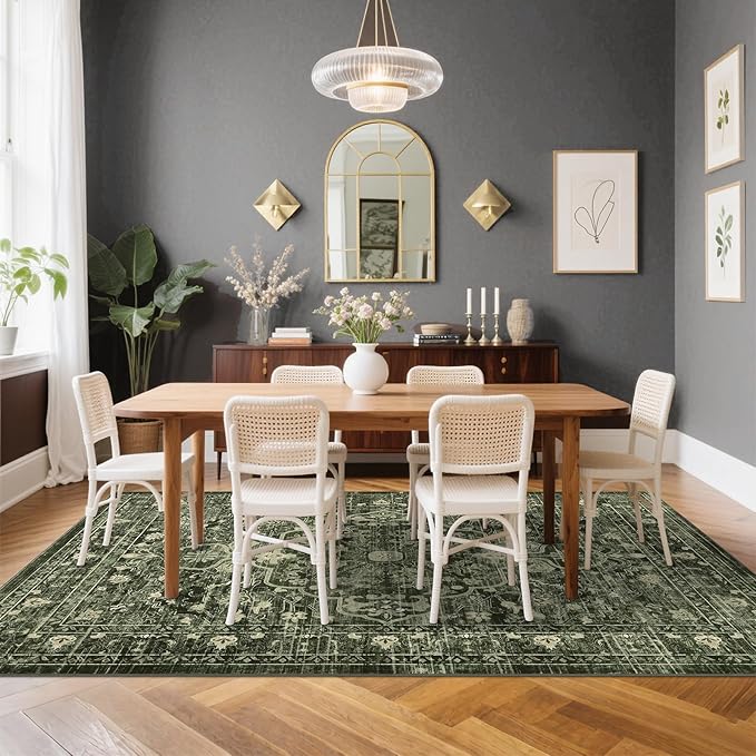 U'Artlines Boho Vintage Area Rug 5x7 Machine Washable Low Pile Soft Floor Carpet Non Slip Non Shedding Accent Rug for Living Room Bedroom Entryway Dining Room Office Dark Green