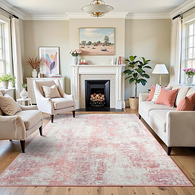 3x5 Pink Washable Area Rug for Living Room Bedroom, Modern Abstract Non-Slip Rugs, Low Pile Soft Stain Resistant Carpet for Dining Room, Kitchen, Office, Dorm, Bedside Decor