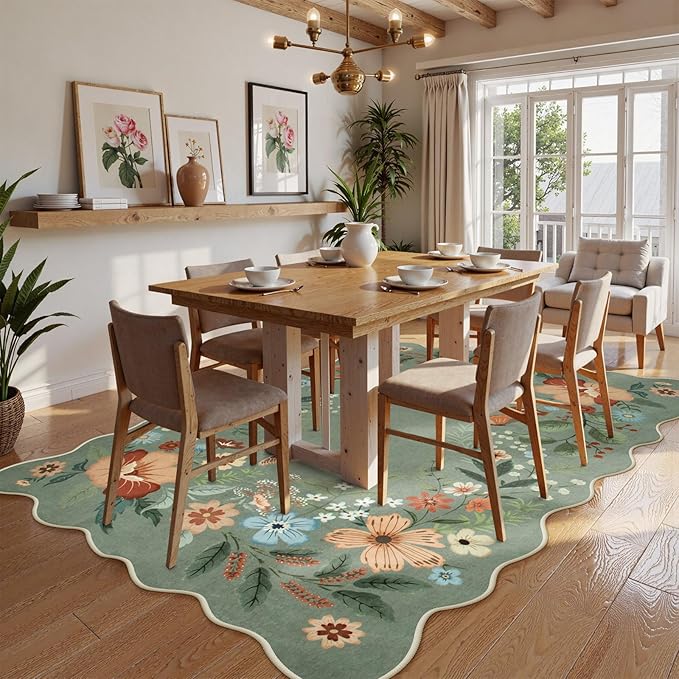 Beeiva Green Area Rug 5x7, Ultra Thin Low Pile Dining Room Rugs for Under Table, Floral Washable Large Carpet for Living Room, Playroom, Office - Green