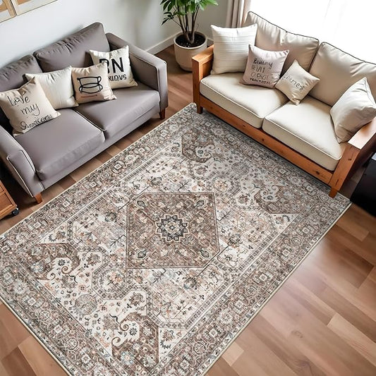 Washable 5x7 Living Room Rug: Oriental Non-Slip Area Rugs for Bedroom Non Shedding Accent Farmhouse Dining Room Carpet Soft Low Pile Mat for Nursery Room Home Office 5x7 Brown