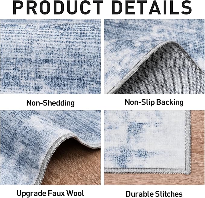 10x14 Area Rugs Washable Rug: Modern Abstract Living Room Rug Soft Anti-Skid Thin Carpet Indoor Floor Non-Shedding Carpets for Bedroom Dining Room Farmhouse Nursery Home Office Blue White