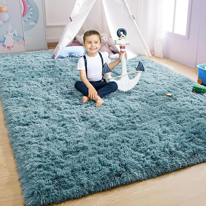 YJ.GWL Area Rugs for Living Room Bedroom, 3x5 Machine Washable Small Teal Bedside Rug, Soft Fluffy Shaggy Thick Shag Indoor Floor Carpet for Kids Boy and Girls Room Preppy Dorm Home Decor Aesthetic
