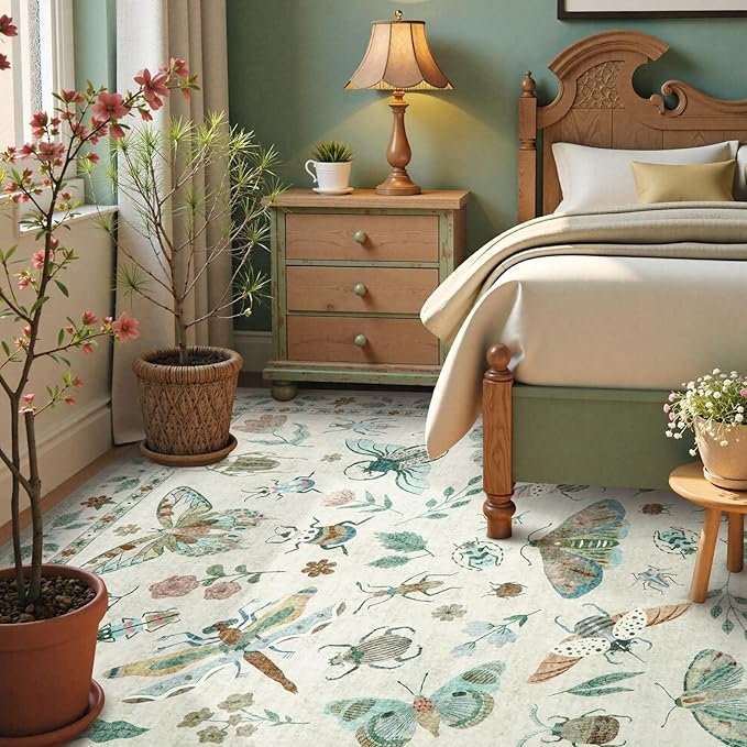Beeiva Insect Print Rug 8x10, Washable Large Area Rugs for Bedroom Under Bed, Non Slip Soft Low Pile Ultra Thin Foldable Carpet for Office, Kids Room, Playroom, Nursery, Dining Room - Beige