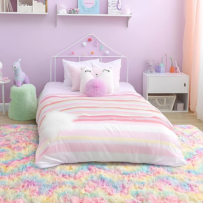 Tepook Soft Rainbow Rug for Girls Room, Cute Fluffy Bedroom Rug, 5x8 Feet Shaggy Princess Colorful Carpet for Kids Teens Toddler Playroom Nursery Reading Nook, Pink