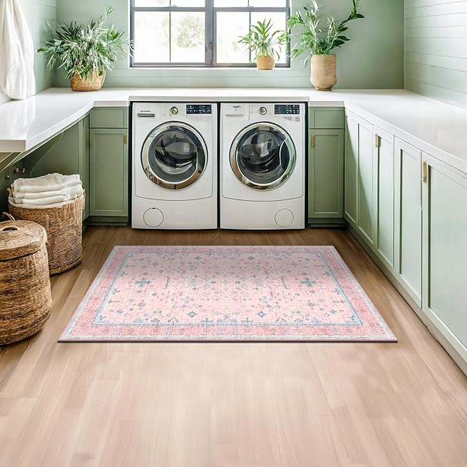 Washable Pink Nursery Rug, 3x5 Area Rugs for Entryway, Kitchen, Bedroom - Boho Modern Floral Distressed Oushak Design, Soft Faux Wool Low Pile Non Slip Stain Resistance Carpet