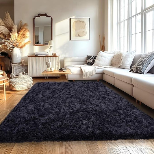 Black Fluffy Rug for Bedroom 9x12 ft Large Rug - Ultra Soft & Non Slip Shaggy Area Rug, Comfy Durable Carpet for Living Room Kids Room Teens Dorm Home Decor, 1.7'' Thick Indoor Plush Carpets
