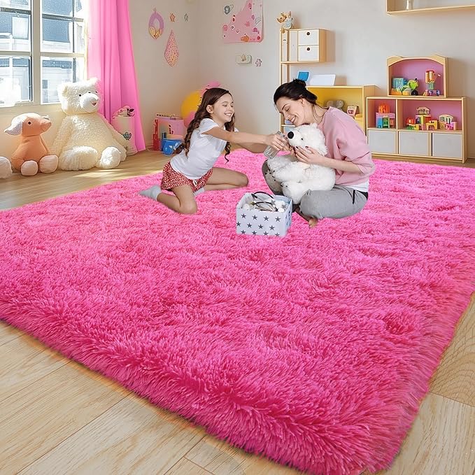 6x9 Fluffy Fuzzy Area Rug for Living Room Bedroom, Ultra Soft Large Living Room Rugs, Non Slip Thick Shag Rug for Dorm, Kids Girls Boys Rug for Home Decor Aesthetic, Hot Pink