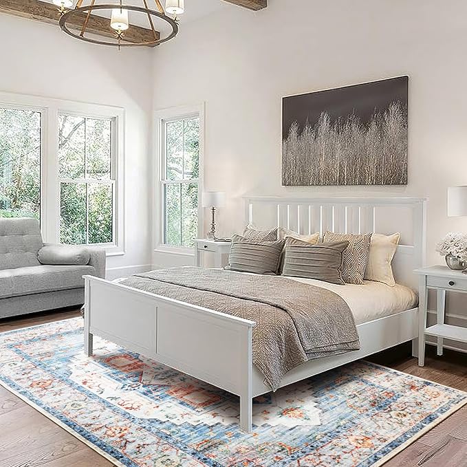 Washable 6x9 Area Rugs, Rugs for Living Room, Low-Pile Water&Stain Resistant Carpet Vintage Distressed Printed Non-Slip Carpet for Bedroom Bathroom Kitchen-Blue