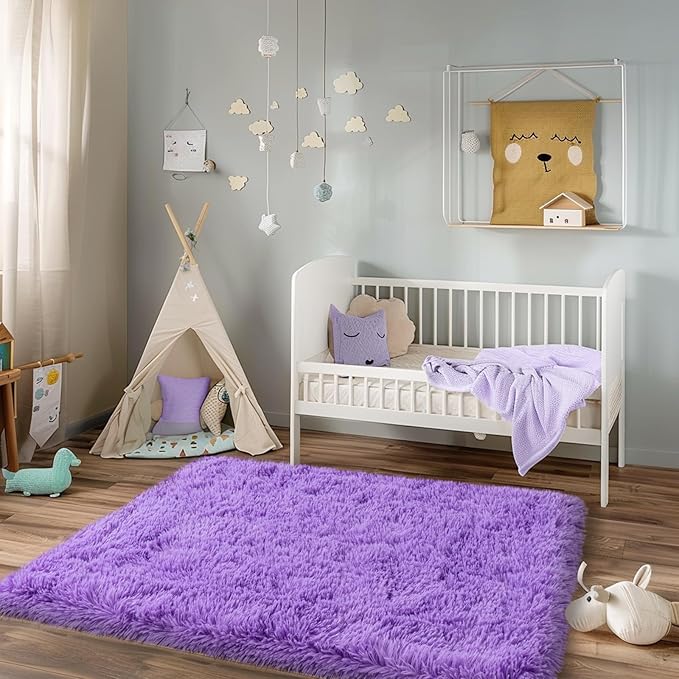 3x5 Rugs for Bedroom, Fluffy Area Rugs for Living Room, Soft Shag Kids Rug Small Carpet with 4 Non-Slip Rug Pads (Purple, 3ft x 5ft)