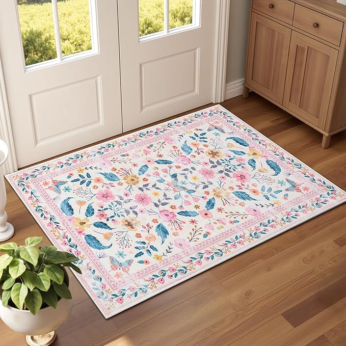 Terrug 2x3 Pink Floral Area Rug for Entryway,Boho Machine Washable Throw Rugs with Non-Slip Blacking for Kitchen,Small Flower Carpet for Bedroom Front Door Laundry Floor Decor