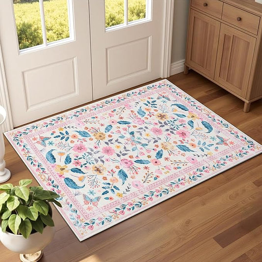 Terrug 2x3 Pink Floral Area Rug for Entryway,Boho Machine Washable Throw Rugs with Non-Slip Blacking for Kitchen,Small Flower Carpet for Bedroom Front Door Laundry Floor Decor
