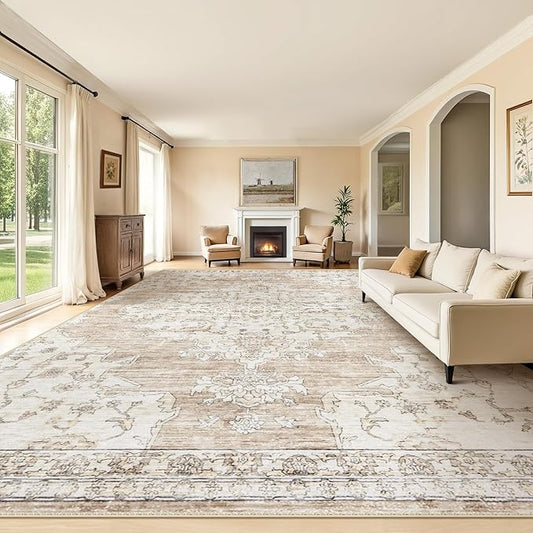 10x12 Area Rugs Washable Rug: Large Vintage Living Room Rug with Non-Slip Backing Low Pile Soft Indoor Floor Thin Carpet Non Shedding Neutral Carpet for Bedroom Dining Room Farmhouse Nursery Beige