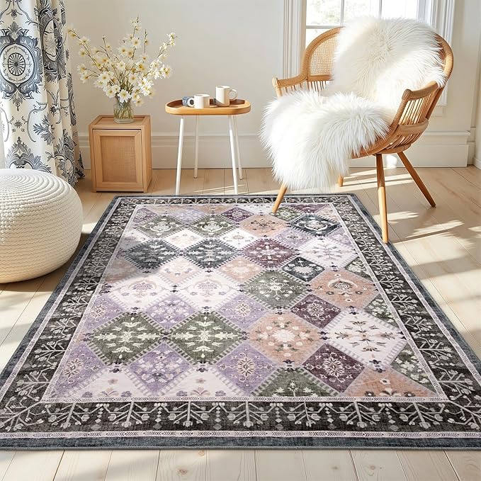 3x5 Washable Area Rug for Bedroom,Boho Non-Slip Living Room Rugs, Moroccan Floral Trellis Carpet Soft Low Pile Accent Indoor Mat for Bedside Entryway Kitchen Laundry Room, Teal/Grey